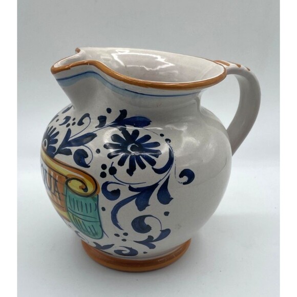 Ricco Deruta Italy Pitcher Hand Painted "ACQUA" Colorful Floral Scroll 6” - Picture 7 of 8
